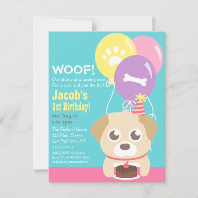 Cute Puppy Dog Themed Kids Birthday Party Invitation (Front)