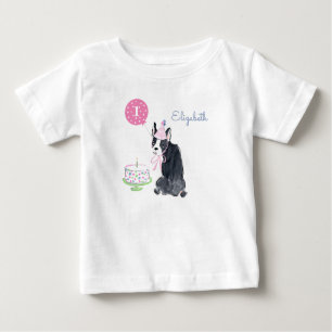 Cute Puppy Dog Watercolor Boston Terrier Birthday Baby T-Shirt