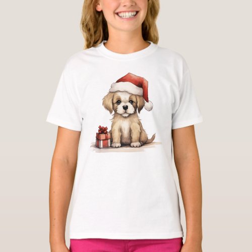 Cute Puppy Dog Wearing a Santa Hat Christmas T_Shirt