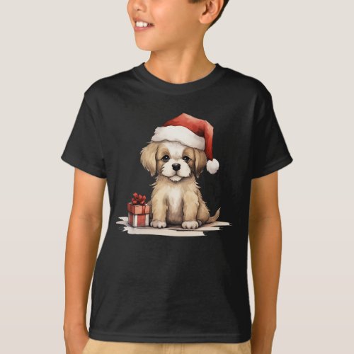 Cute Puppy Dog Wearing a Santa Hat Christmas T_Shirt