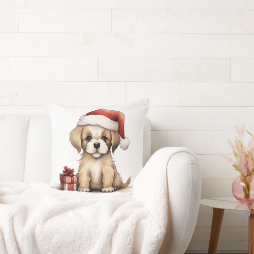 Cute Puppy Dog Wearing a Santa Hat Christmas Throw Pillow