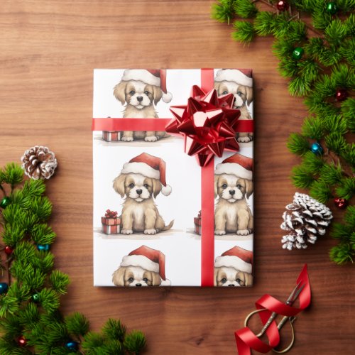 Cute Puppy Dog Wearing a Santa Hat Christmas Wrapping Paper