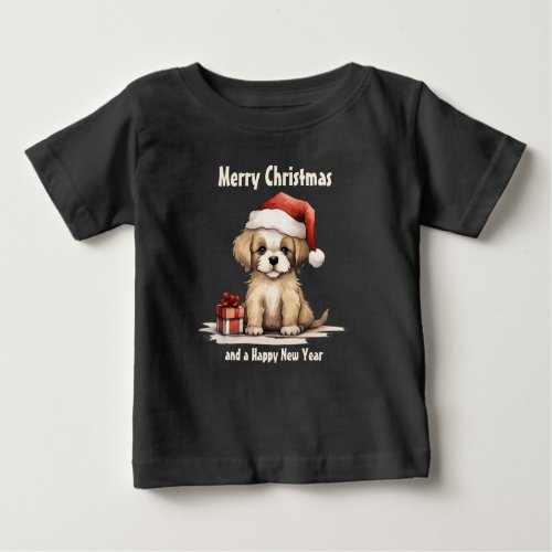 Cute Puppy Dog Wearing a Santa Hat Merry Christmas Baby T_Shirt