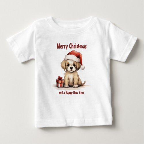 Cute Puppy Dog Wearing a Santa Hat Merry Christmas Baby T_Shirt