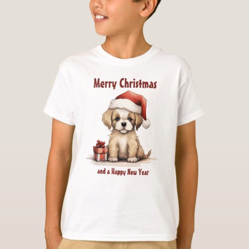 Cute Puppy Dog Wearing a Santa Hat Merry Christmas T_Shirt