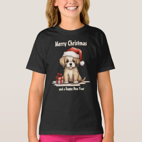 Cute Puppy Dog Wearing a Santa Hat Merry Christmas T_Shirt