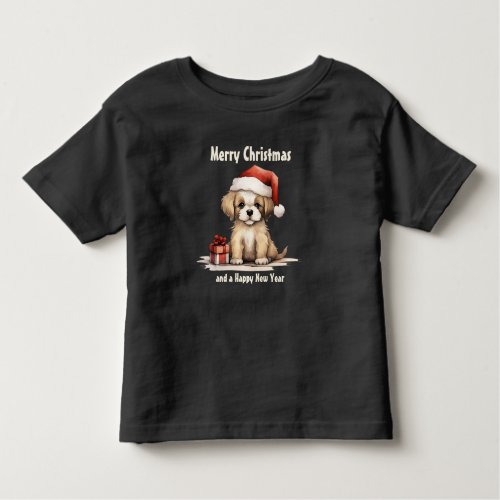 Cute Puppy Dog Wearing a Santa Hat Merry Christmas Toddler T_shirt