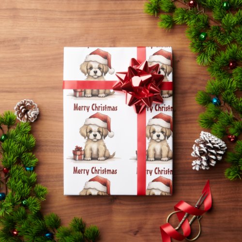 Cute Puppy Dog Wearing a Santa Hat Merry Christmas Wrapping Paper