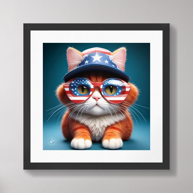Cute Puppy Dog Wearing American Glasses and Hat Framed Art (Framed Front)