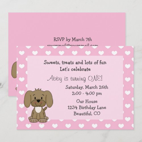 Cute Puppy Dog 1st Birthday Invitation for Girls