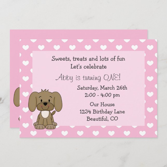Cute Puppy Dog, White Hearts on Pink 1st Birthday Invitation (Front/Back)