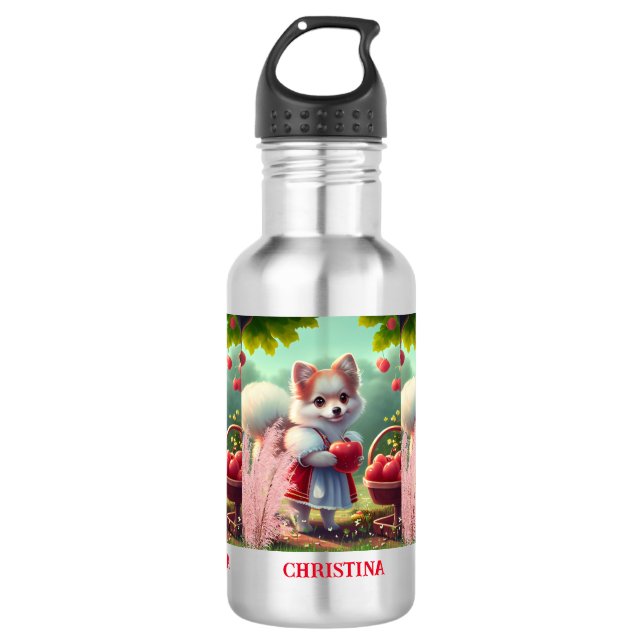Cute Puppy Dog with Apples Personalized Name Stainless Steel Water Bottle (Front)
