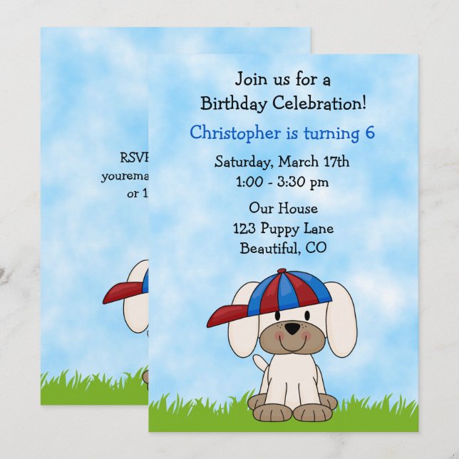 Cute Puppy Dog with Baseball Hat Birthday Invitation (Front/Back)