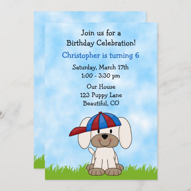 Cute Puppy Dog with Baseball Hat Birthday Invitation (Front/Back)