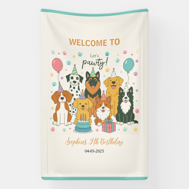 Cute Puppy Dogs Boy 5th Birthday Party Banner (Vertical)