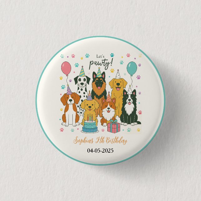 Cute Puppy Dogs Boy 5th Birthday Party Button (Front)