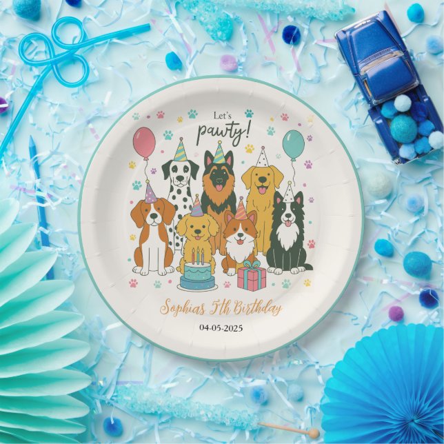 Cute Puppy Dogs Boy 5th Birthday Party Paper Plates (Party)