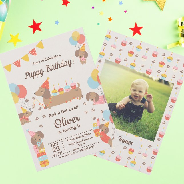 Cute Puppy Dogs Dachshund Birthday Pawty  Invitation (Creator Uploaded)