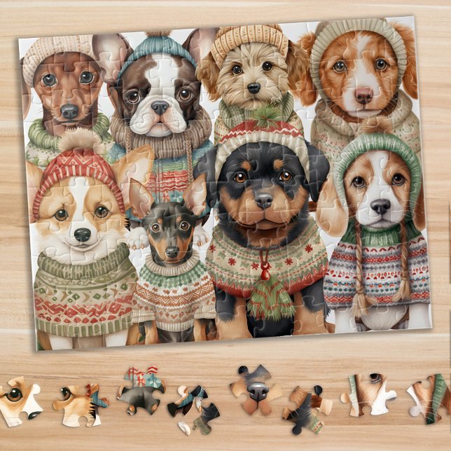 Cute Puppy Dogs Festive Winter Sweaters Christmas Jigsaw Puzzle (Creator Uploaded)