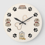 Cute Puppy Dogs, Paw Prints And Bone Large Clock at Zazzle