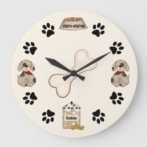 Cute Puppy Dogs Paw Prints and Bone Large Clock