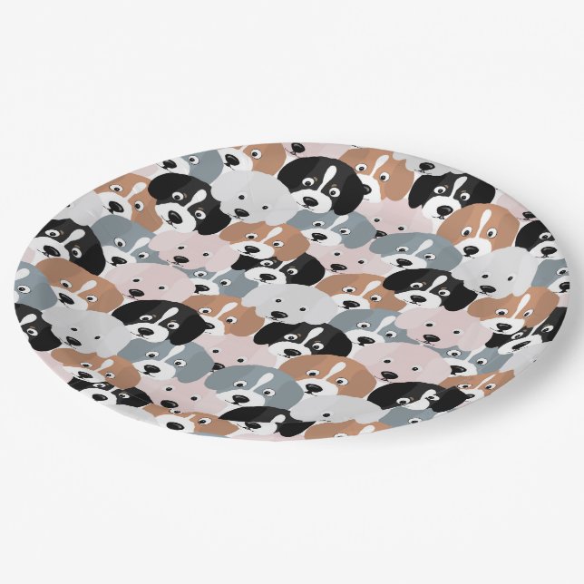 Cute Puppy Dogs Pink Black Illustration Paper Plates (Angled)