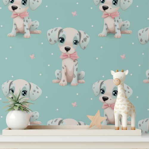 Cute Puppy Dogs Pink Bow Modern Kids Pattern Wallpaper