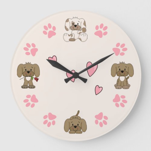 Cute Puppy Dogs Pink Paw Prints and Pink Hearts Large Clock