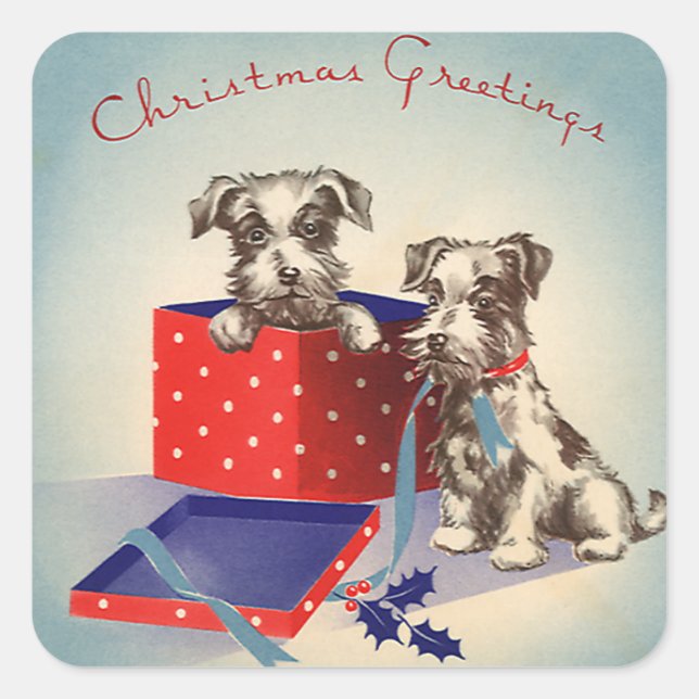 Cute Puppy Dogs, Vintage Christmas Greetings Square Sticker (Front)