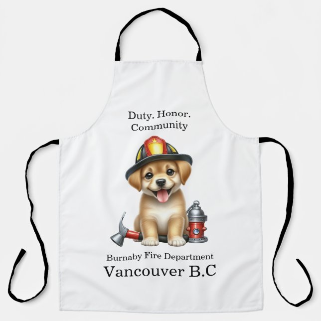 Cute puppy dressed as a firefighter with tools apron (Front)