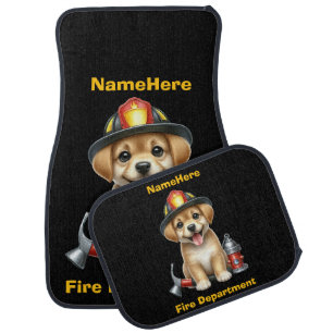 Cute puppy dressed as a firefighter with tools car floor mat