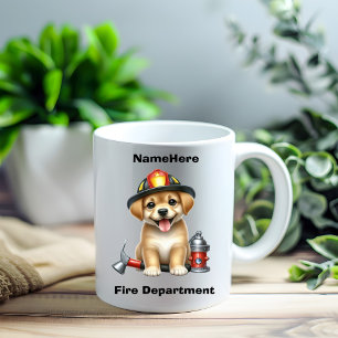 Cute puppy dressed as a firefighter with tools coffee mug