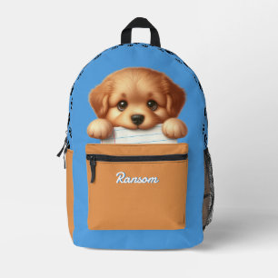 Cute Puppy Eating Homework Blue and Brown Printed Backpack
