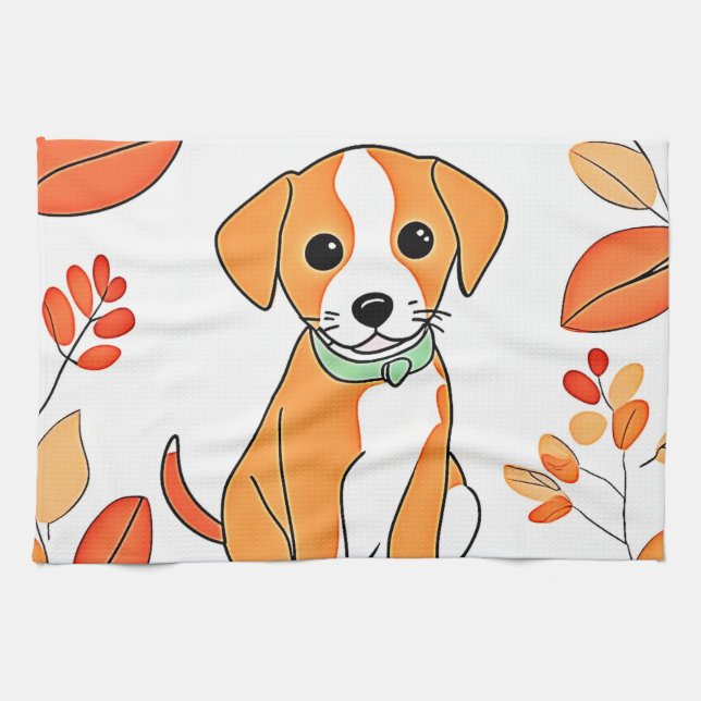 Cute Puppy Fall Artwork Kitchen Towel (Horizontal)
