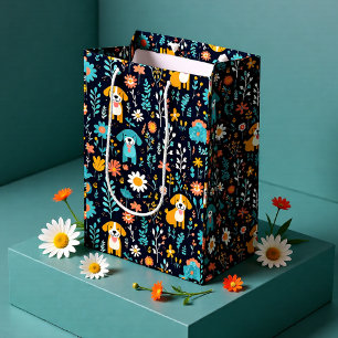 Cute Puppy Floral Pattern Dog Lover Medium Gift Bag