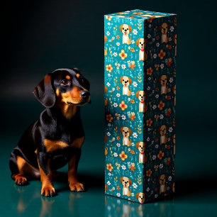 Cute Puppy Floral Teal Pattern Dog Lover Wine Box