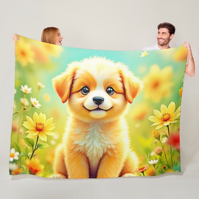 Cute Puppy Flower Art Fleece Blanket (In Situ)
