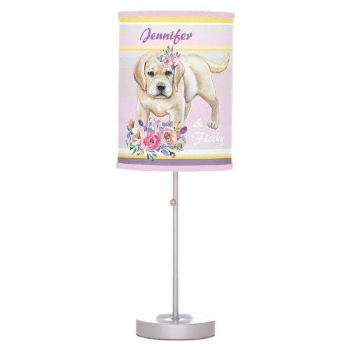 Cute puppy flowers pink yellow gray stripes custom table lamp