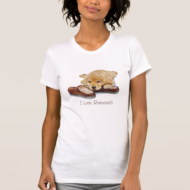 cute puppy golden retriever cuddling slippers art T-Shirt (Front)