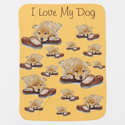 cute puppy golden retriever cuddling slippers dog receiving blanket