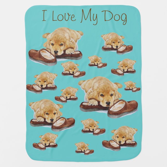 cute puppy golden retriever cuddling slippers dog stroller blanket (Front)