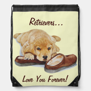 cute puppy golden retriever cuddling slippers drawstring bag