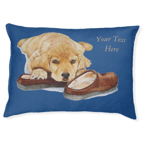 cute puppy golden retriever cuddling slippers pet bed