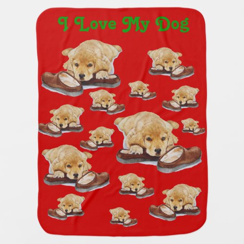 cute puppy golden retriever cuddling slippers receiving blanket