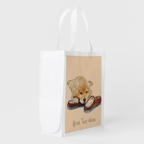 cute puppy golden retriever cuddling slippers reusable grocery bag