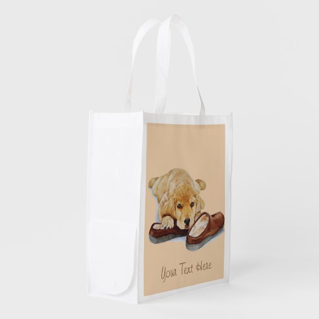cute puppy golden retriever cuddling slippers reusable grocery bag (Front Side)