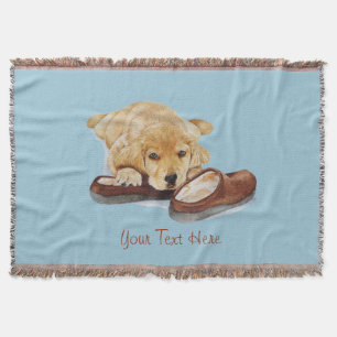 cute puppy golden retriever cuddling slippers throw blanket