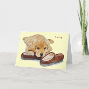 cute puppy golden retriever dog cuddling slippers card
