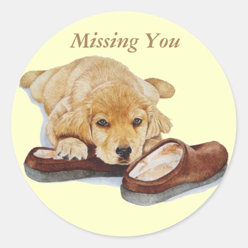 cute puppy golden retriever dog cuddling slippers classic round sticker