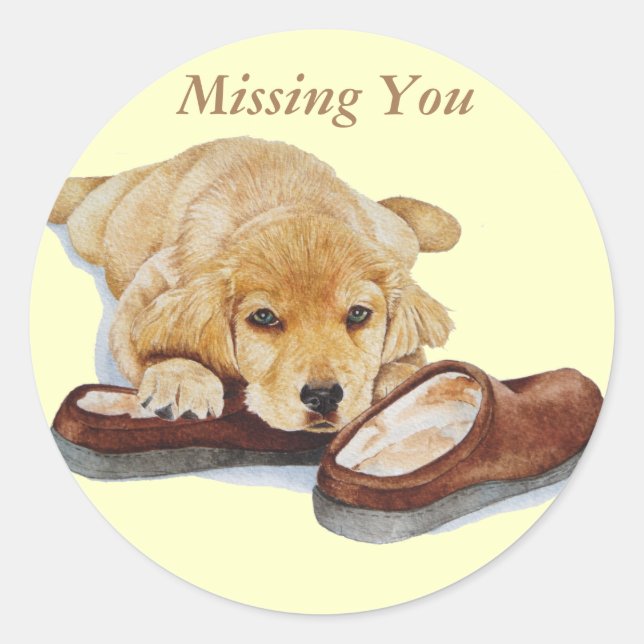 cute puppy golden retriever dog cuddling slippers classic round sticker (Front)